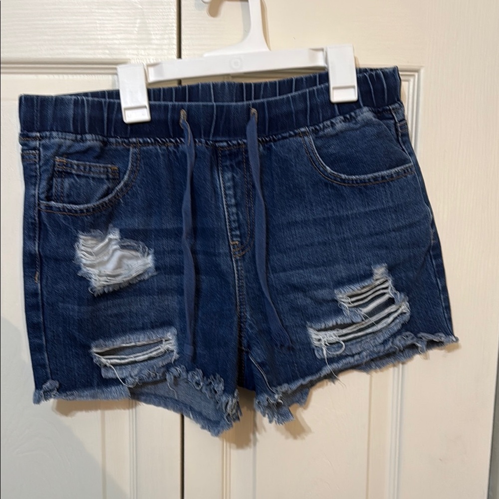 Blue Distressed Jean Shorts with Frayed Hem